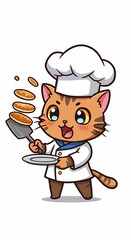 Adorable Cartoon Cat Chef Tossing Pancakes Culinary Illustration Cute Kitchen Character