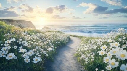 Obraz premium Coastal path through blooming daisies at sunset.