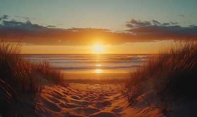 Sunset beach path, ocean waves, golden sky. Use travel, calm