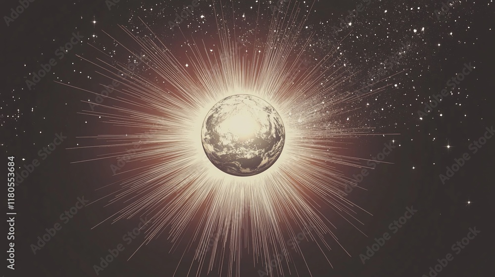Poster planet exploding with bright light in space.