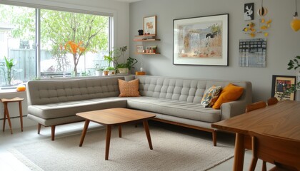 Modern Living Room Interior Design Cozy Sofa Wood Table Gray Walls