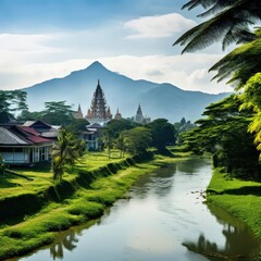 Naklejka premium the AI Image Generator, Village Around Traditional Asian Temple at Sunrise