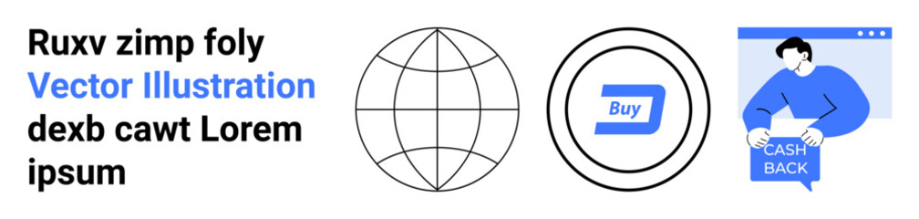 Globe outlines digital commerce, Buy button highlights purchase functionality, Cashback iconizes rewards. Ideal for e-commerce, online shopping, digital marketing, cashback promotions, user