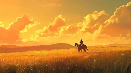Lone cowboy riding horse across golden field at sunset.