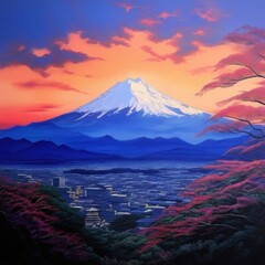 the AI Image Generator, Capped Mountain Viewed Through Vibrant Forested Landscape