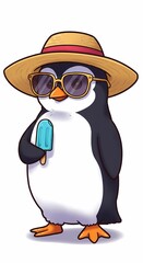 Obraz premium Adorable Penguin in Summer Hat Sunglasses Enjoying Popsicle