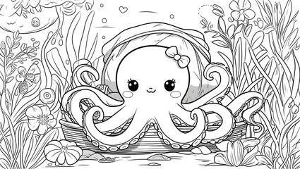 Fototapeta premium Coloring picture, size A4, cute squid