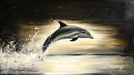 Obraz premium Dolphin leaping from ocean, golden sunset.