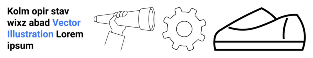Telescope held by hand, a gear, and a shoe outline. Placeholder text for creative projects. Ideal for design, technology, innovation, exploration, teamwork, footwear, sports. Landing page
