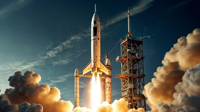 Flying rockets take off from the tower