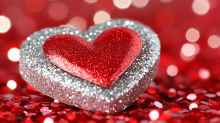 Obraz premium Glittery red and silver heart on sparkling background