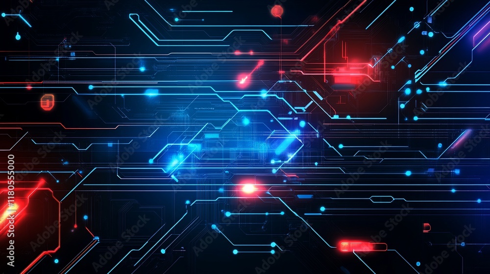 Poster abstract digital circuit board with glowing red and blue lines.