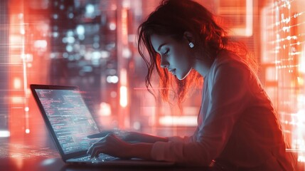 Woman coding at night, futuristic city backdrop.