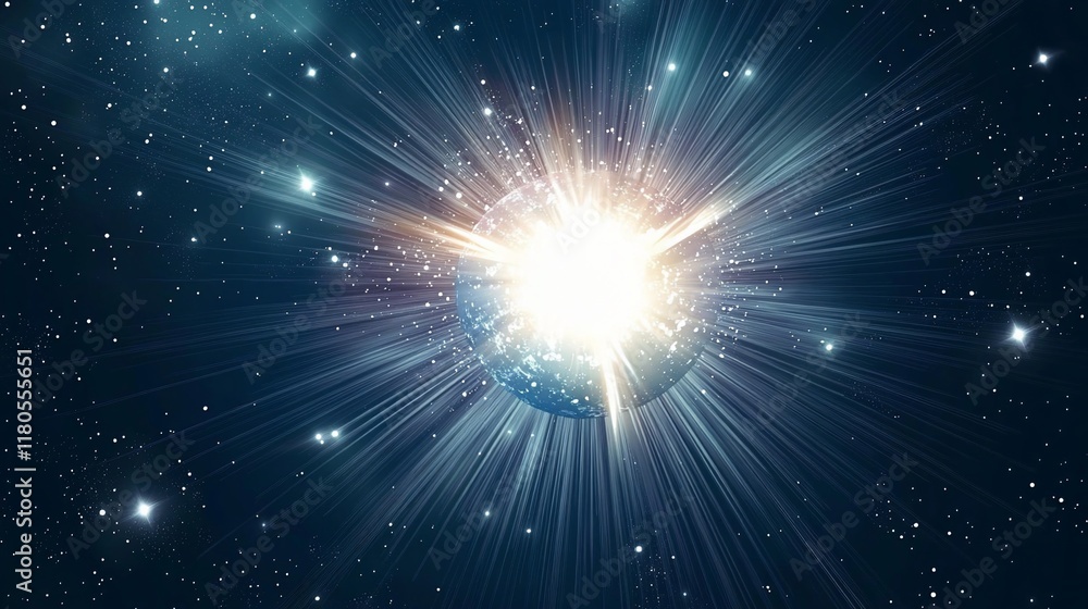 Poster bright star exploding in space, cosmic rays.