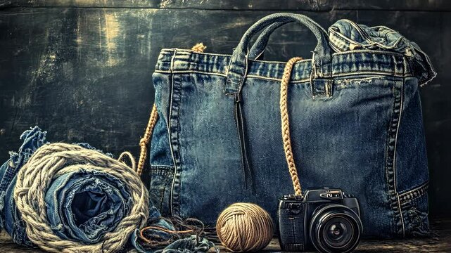 Denim bag and accessories arranged on rustic wooden table with yarn and camera in a creative setup