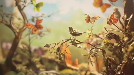 Butterflies and Birds in a Dreamlike Garden