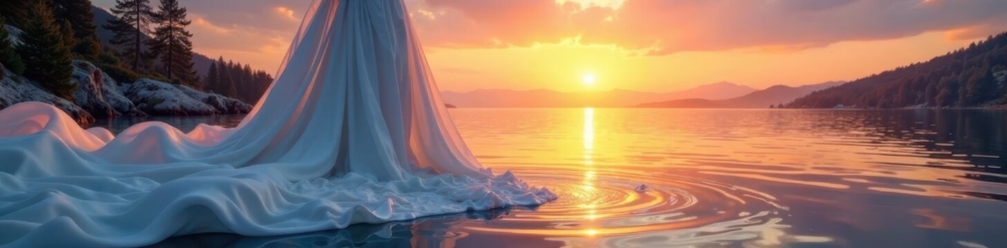 Elegant white drap flowing over a serene lake at sunset, fabric, drap, lake