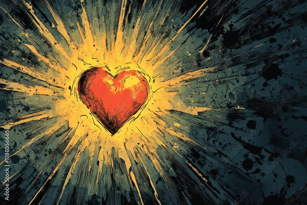 Poster radiant heart abstract art exploding with light and color