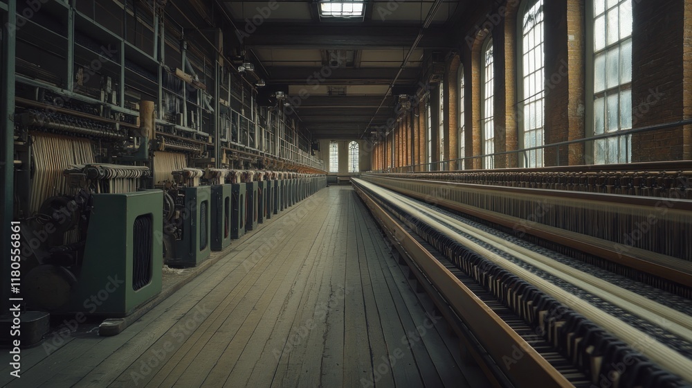 Poster long perspective view of an abandoned textile factory with rows of vintage machinery and large windo