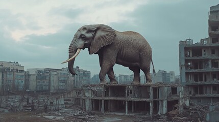 Fototapeta premium Colossal Elephant Amidst Urban Ruins: A Post-Apocalyptic Vision