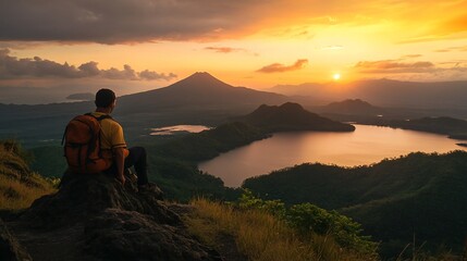 Obraz premium Man enjoying sunset view from mountaintop.
