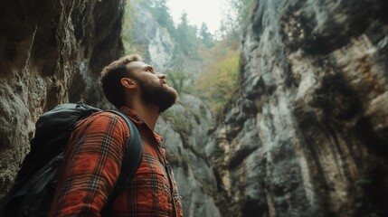 Fototapeta premium Man with backpack looking up in a canyon.