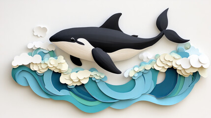 Obraz premium Handcrafted paper killer whale leaping from stylized waves, showcasing vibrant colors and intricate details, creating dynamic ocean scene