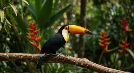 Colorful Toucan Bird Perched on Branch in Lush Tropical Rainforest