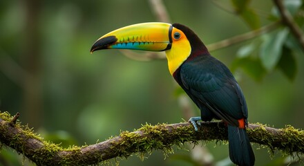 Naklejka premium Vibrant Keel billed Toucan on Mossy Branch in Lush Rainforest