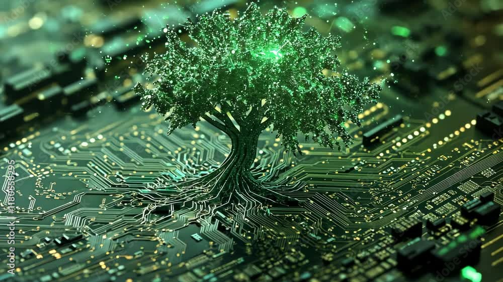 Aufkleber digital tree growing from a circuit board illustrating the connection between nature and technology