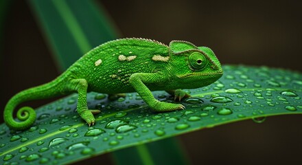 Fototapeta premium Green Chameleon on Dew Covered Leaf Reptile Wildlife Nature