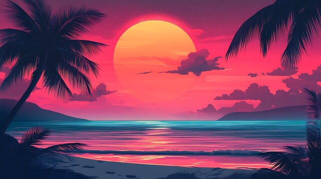 Beautiful tropical beach and sea with coconut palm tree at sunset time