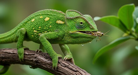 Fototapeta premium Green Chameleon Eating Insect on Branch Wildlife Reptile Nature