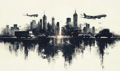 Naklejka premium Cityscape reflected, planes, trucks, grunge art.