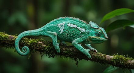 Fototapeta premium Vibrant Green Chameleon on Mossy Branch in Rainforest