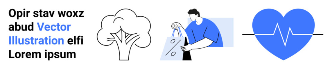 Man carrying a shopping bag, tree icon, blue heart with heartbeat line. Ideal for health, environment, retail, wellness, fitness online shopping and branding themes. Landing page