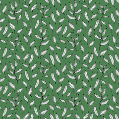 Seamless herbal pattern with stylized leaves. Floral endless green pattern filled with line art twigs. Fresh greenery background, wallpaper, textile print.