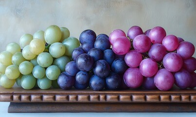 Three grape bunches: green, purple, and red.