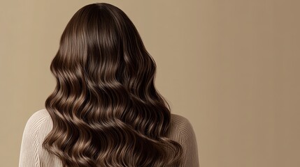 Fototapeta premium Woman's back view showcasing long, wavy brown hair against a beige background.