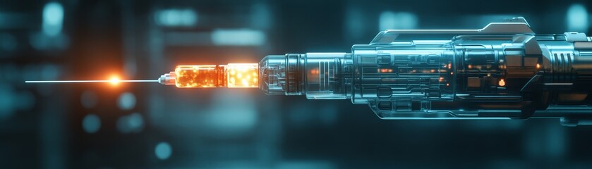 A futuristic weapon emits a glowing energy beam, showcasing advanced technology in a dark, high-tech environment.