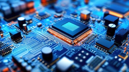 Close-up of a computer microprocessor on a circuit board.