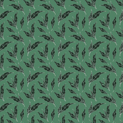 Seamless herbal pattern with stylized leaves. Floral endless green pattern filled with line art twigs. Fresh greenery background, wallpaper, textile print.
