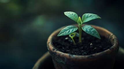 Young sprout in a terracotta pot.