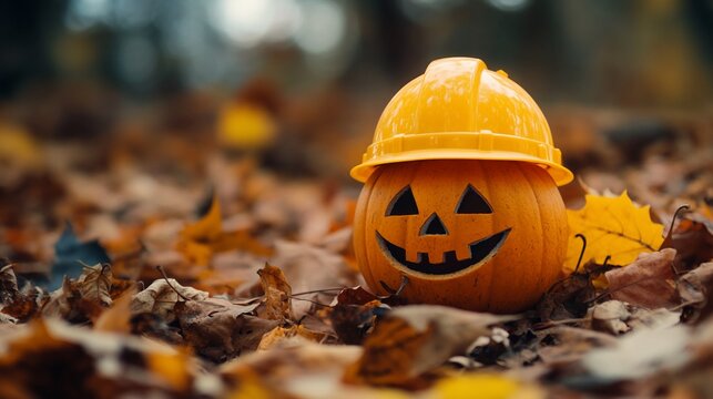 Jack-o'-lantern wearing a hard hat in autumn leaves. (1)