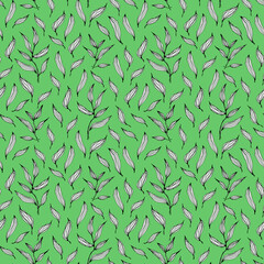 Seamless herbal pattern with stylized leaves. Floral endless mint green pattern filled with line art twigs. Fresh greenery background, wallpaper, textile print.