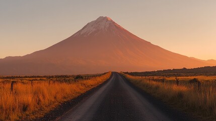 Majestic sunrise over a snow-capped mountain and long road.