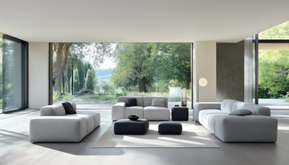 Modern Gray Modular Sofa in Minimalist Living Room with Lush Greenery View