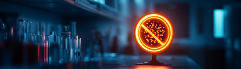 A glowing globe with a caution symbol, highlighting themes of awareness and danger, set against a blurred background of glassware.