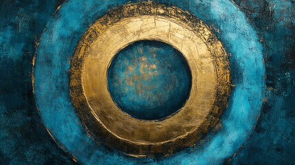 Captivating abstract circular design in blue and gold, with rich textured layers creating an atmosphere of depth and timeless elegance