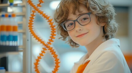 Smiling boy scientist near DNA model.